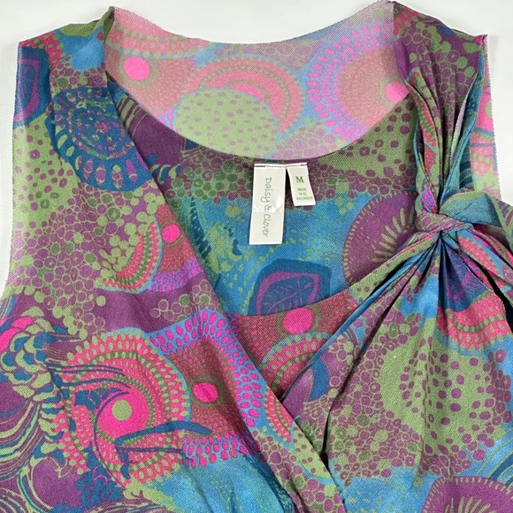 Daisy & Clover Womens Mesh Sleeveless Top Purple Green Abstract Tie V-Neck Med - Picture 2 of 7